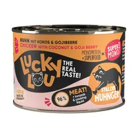 Lucky Lou Nassfutter SuperMono Huhn, 200 g - Tierbedürfnis: Verdauung - Magen & Darm - Geschmacksrichtung: Geflügel - Zertifikate: Keine Zertifizierung - Fleischsorte: Huhn - Futtereigenschaft: Getreidefrei - Single Protein - Produkttyp: Alleinfutter