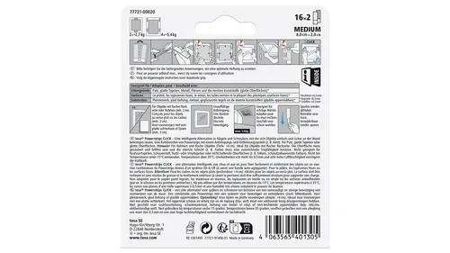 tesa Montagestreifen Powerstrips CLICK Medium 16 Paar, 5.4 kg - Detailfarbe: Weiss - Art: Montagestreifen
