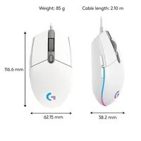 Logitech Gaming-Maus G203 Lightsync Weiss - Maus Features: RGB-Beleuchtung - Seitliche Zusatztasten - Beleuchtung - Programmierbare Tasten - Scrollrad - Bedienungsseite: Rechtshänder - Detailfarbe: Weiss - Gewicht: 85 g - Verbindungsart: Verkabelt - Schni