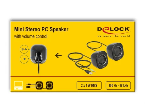 Delock PC-Lautsprecher Mini Stereo 3.5 mm Klinke, USB-Strom Schwarz - Audiokanäle: 2.0 - Detailfarbe: Schwarz - Schnittstellen: 3.5 mm Klinke - USB Typ A - Ausstattung: Lautstärkeregler