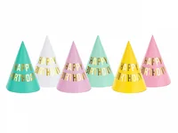 Partydeco Partyhüte Happy Birthday pastellfarbig, 16 x 11 cm, 6 Stück - Packungsgrösse: 6 Stück - Produkttyp: Partyhüte - Material: Gummi - Papier - Folie - Detailfarbe: Mehrfarbig - Motto: Geburtstag