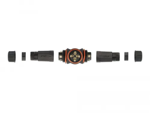 Delock Kabelverbinder T-Form für Außenbereich 4 Pin, IP68 wasserdicht, schraubbar, Kabeldurchmesser 4,5 - 7,5 mm schwarz