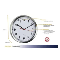 TFA Dostmann Funk-Wanduhr Silber, Ø 22 cm - Form: Rund - Detailfarbe: Silber - Uhrtyp: Analog - Funksignal: Ja - Funktionen: 24-Stundenanzeige - Detailmaterial: Glas - Edelstahl