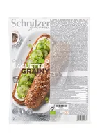 Schnitzer Bio Baguette Grainy glutenfrei 2 x 160 g - Produkttyp: Brot - Nährwertangabe pro: 100 g - Energiegehalt (in kj): 928 KJ - Energiegehalt (in kcal): 222 Kcal - Fett: 9 g - Gesättigte Fettsäuren: 1.3 g