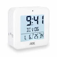 ADE Funkwecker mit Nachtlichtsensor - Funktionen: Snooze-Funktion - Umschaltbar °C/°F - Alarm - Licht - Ausstattung: Zeit - Innentemperatur - Kalender - Displaytyp: LCD - Detailfarbe: Weiss - Funksignal: Ja - Betriebsart: Batteriebetrieb