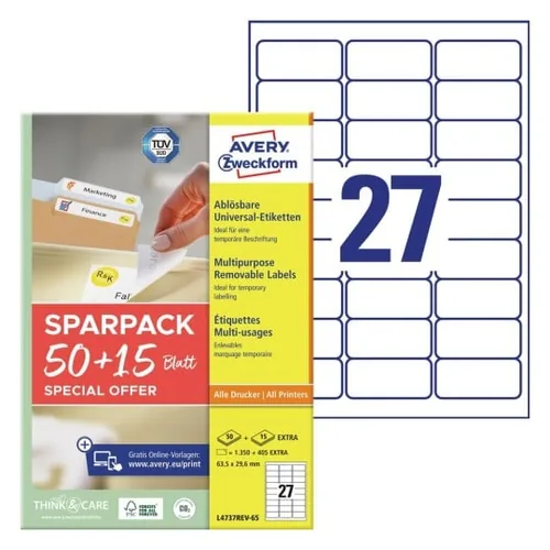 Avery Zweckform Universal-Etiketten L4737REV-65, 63.5 x 29.6 mm, 65 Blatt - Klebehaftung: Ablösbar - Drucker Kompatibilität: Inkjet - Laser - Anzahl Blatt: 65 × - Papierformat: A4 - Anzahl Etiketten: 1755 - Etikettengrösse: 63.5 x 29.6 mm