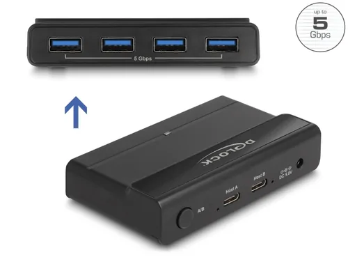 Delock USB-Switch 4x Gerät und 2x Host 5 Gbps - Anzahl Eingänge: 2 × - Steckertyp Seite A: USB-C Buchse - Anzahl Ausgänge: 4 × - Steckertyp Seite B: USB-A Buchse - Material: Kunststoff - Bedienungsart: Tasten