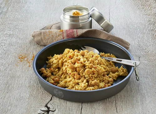 Trek 'N Eat Hauptgericht Chana Masala (Indischer Kichererbsen-Reistopf) - Produkttyp: Reisgerichte - Nährwertangabe pro: 100 g - Energiegehalt (in kj): 1438 KJ - Energiegehalt (in kcal): 344 Kcal - Fett: 2.1 g - Gesättigte Fettsäuren: 0.2 g