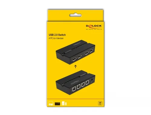 Delock USB-Switch 11494 - Anzahl Eingänge: 4 × - Steckertyp Seite A: USB-B Buchse - Anzahl Ausgänge: 4 × - Steckertyp Seite B: USB-A Buchse - Material: Kunststoff - Bedienungsart: Tasten