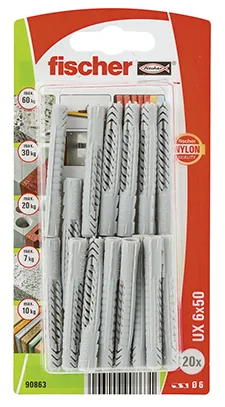 Fischer Universaldübel  UX 6 x 50, 20 Stück - Bohrdurchmesser: 6 mm - Länge: 50 mm - Verpackungseinheit: 20 Stück - Für Material: Vollziegel - Naturstein - Spanplatten - Gipsfaserplatten - Gipskarton - Beton - Kalksand - Set: Nein