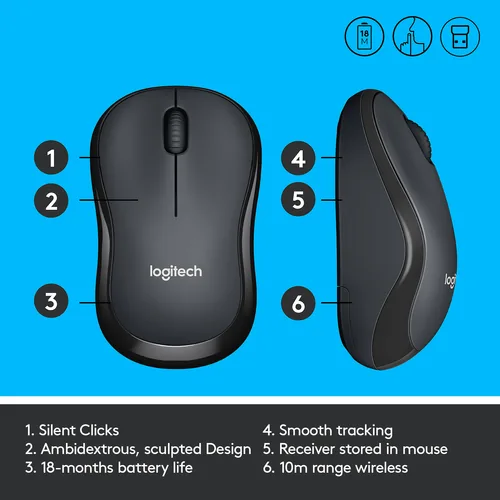 Logitech Maus M220 Silent , kabellos - Maus-Typ: Standard - Maus Features: Ein-/Ausschalter - Silent-Tasten - Scrollrad - Bedienungsseite: Universal - Detailfarbe: Schwarz - Verbindungsart: Kabellos - Schnittstelle: USB-A