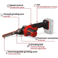 Einhell Akku-Bandfeile TE-BF 18 V Solo - Ausstattung: Transporttasche - Set: Nein - Produktkategorie: Bandschleifer - Werkzeugaufnahme: Werkzeuglos - Akkusystem: Einhell Power X-Change - Funktionen: Schleifen