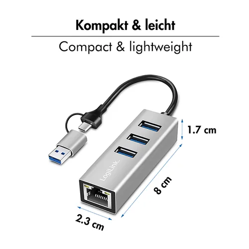 Logilink USB 3.2 Gen 1 HUB, 3x USB-A, 1x RJ45, silber