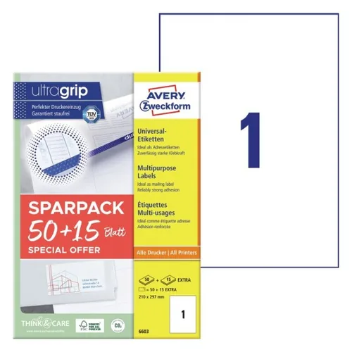 Avery Zweckform Universal-Etiketten 210 x 297 mm,65 Etiketten / 65 Bogen - Klebehaftung: Selbstklebend - Drucker Kompatibilität: Inkjet - Laser - Anzahl Blatt: 65 × - Papierformat: A4 - Anzahl Etiketten: 65 - Etikettengrösse: 210 x 297 mm
