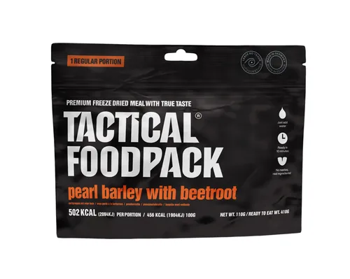 Tactical Foodpack Hauptgericht Perlgraupen mit Roter Bete - Produkttyp: Gemüse - Nährwertangabe pro: Portion - Energiegehalt (in kj): 2094 KJ - Energiegehalt (in kcal): 502 Kcal - Fett: 25 g - Gesättigte Fettsäuren: 15 g
