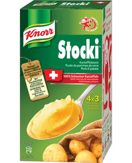 Knorr Stocki aus Schweizer Kartoffeln 4 x 110 g - Produkttyp: Kartoffelgerichte - Nährwertangabe pro: 100 g - Energiegehalt (in kj): 301 KJ - Energiegehalt (in kcal): 72 Kcal - Fett: 1.1 g - Gesättigte Fettsäuren: 0.6 g