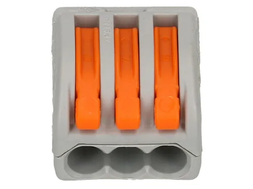 WAGO Verbindungsklemme Wago Klemme 3L 3-fach, 8 Stück - Verwendung Klemmen: Drähte + Litzen - Schutzklasse: IP20 - Verpackungseinheit: 8 Stück - Detailfarbe: Orange - Eigenschaften Hausinstallation: Steckklemme - Flammwidrig - E-Nr.: 0