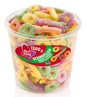 Red Band Schnuller Sauer 1200 g - Produkttyp: Gummibonbons - Nährwertangabe pro: 100 g - Energiegehalt (in kj): 1453 KJ - Energiegehalt (in kcal): 345 Kcal - Fett: 0 g - Gesättigte Fettsäuren: 0 g