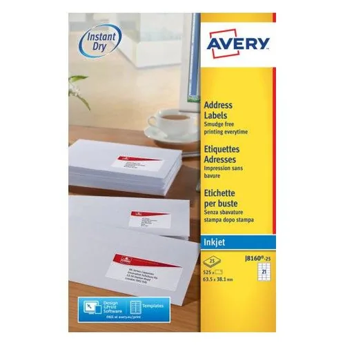 Avery Zweckform Adressetiketten 63.5 x 38.1 mm, 25 Blatt, Weiss - Klebehaftung: Permanent - Drucker Kompatibilität: Inkjet - Anzahl Blatt: 25 × - Papierformat: A4 - Anzahl Etiketten: 525 - Etikettengrösse: 63.5 x 38.1 mm