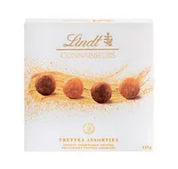 Lindt Schokoladen-Pralinen Connaisseurs Truffes Assortiert 135 g - Produkttyp: Alkohol - Nährwertangabe pro: 100 g - Energiegehalt (in kj): 2139 KJ - Energiegehalt (in kcal): 513 Kcal - Fett: 31 g - Gesättigte Fettsäuren: 19 g