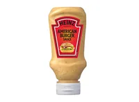 Heinz Sauce American Burger  400 ml - Produkttyp: Spezialitäten - Nährwertangabe pro: 100 ml - Energiegehalt (in kj): 1535 KJ - Energiegehalt (in kcal): 372 Kcal - Fett: 35.5 g - Gesättigte Fettsäuren: 3.1 g