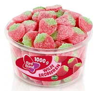 Red Band Wilde Erdbeeren 1000 g - Produkttyp: Gummibonbons - Nährwertangabe pro: 100 g - Energiegehalt (in kj): 1504 KJ - Energiegehalt (in kcal): 354 Kcal - Fett: 0 g - Gesättigte Fettsäuren: 0 g
