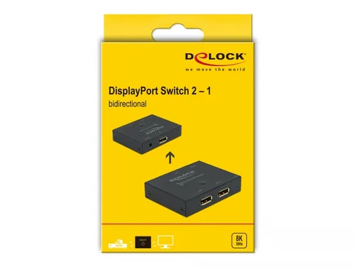 Delock Switchbox 2 Port Displayport 8K/30 Hz Bidirektional - Anzahl Eingänge: 2 × - Steckertyp Seite A: DisplayPort - Anzahl Ausgänge: 1 × - Steckertyp Seite B: DisplayPort - Material: Metall - Bedienungsart: Tasten