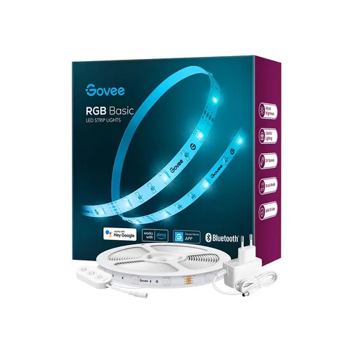 Govee LED Stripe Basic, 10 m, RGBIC, Wi-Fi + Bluetooth - Protokoll: Bluetooth - WLAN - Lampensockel: LED fest verbaut - Smart Home: Kompatibel - Inklusive Netzteil: Ja - Dimmbar: dimmbar - Set: Ja