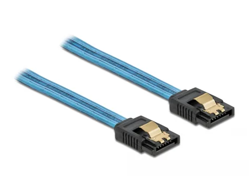Delock SATA-Kabel UV Leuchteffekt blau 20 cm - Datenanschluss Seite A: SATA - Datenanschluss Seite B: SATA - Detailfarbe: Blau - Anzahl Ausgänge: 1 × - Winkelstecker: Nein - Kabellänge: 20 cm