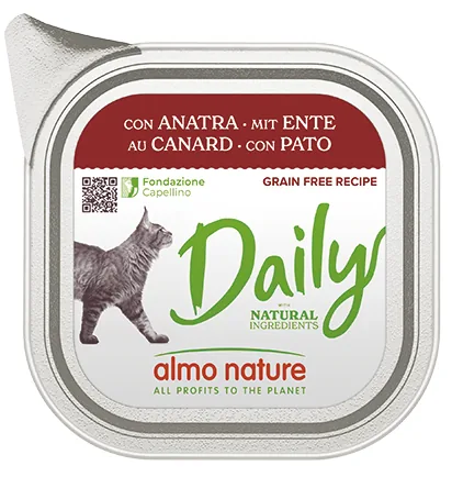 Almo Nature Nassfutter Daily mit Ente 100g - Tierbedürfnis: Kein besonderes Bedürfnis - Geschmacksrichtung: Geflügel - Zertifikate: Keine Zertifizierung - Fleischsorte: Ente - Packungsgrösse: 100 g - Futtereigenschaft: Getreidefrei - Glutenfrei