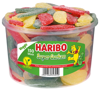 Haribo Gummibonbons Super Gurken 150 Stück - Produkttyp: Gummibonbons - Nährwertangabe pro: 100 g - Energiegehalt (in kj): 1462 KJ - Energiegehalt (in kcal): 344 Kcal - Fett: 0.5 g - Gesättigte Fettsäuren: 0.1 g