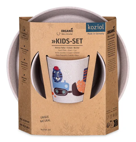 Koziol Kindergeschirrset CONNECT TRUCKS purple grey - Art: Kindergeschirrset - Materialtyp: Biokunststoff - Material: Biozirkulärer Kunststoff - Eigenschaften: Aus recyceltem Material - Detailfarbe: Grau - Spülmaschinenfest: Ja