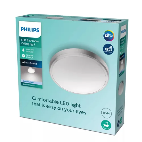 Philips Deckenleuchte Doris, 17W, 4000K, IP44, nickel - Leuchten Kategorie: Deckenleuchte - Betriebsart: Netzbetrieb - Lampensockel: LED fest verbaut - Farbtemperatur Kelvin: 4000 K - Dimmbar: nicht dimmbar - Farbwiedergabeindex CRI: 80