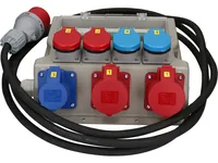 Max Hauri Baustromverteiler CEE16, T25, T23, 40A FI/LS, IP44 - Detailfarbe: Rot - Grau - Blau - Anschlusskabel: Ja - Steckertyp Ausgang: T23 - CEE 16-3 - T25 - CEE 16-5 - Material: Kunststoff - Steckdosenanzahl: 7 - Ausstattung: Keine