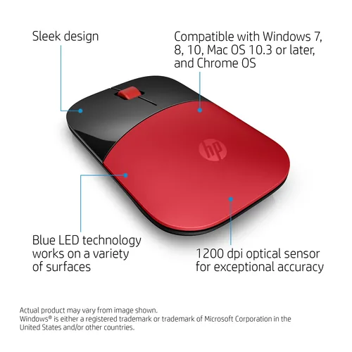 HP Z3700 Red Wireless Mouse Maus Büro Beidhändig RF Wireless Optisch 1200 DPI