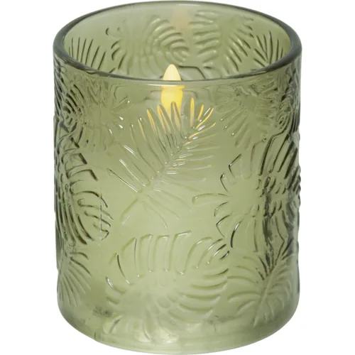 Star Trading LED-Kerze Pillar Flamme Leaf, Ø 8.5 x 10 cm, Grün - Betriebsart: Batteriebetrieb - Fernbedienung: Nein - Aussenanwendung: Nein - Höhe: 10 cm - Timerfunktion: Ja - Set: Nein