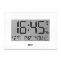 ADE Funkuhr XXL-Ziffern - Funktionen: Umschaltbar °C/°F - Alarm - Schlummertaste - Ausstattung: Zeit - Innentemperatur - Kalender - Datum - Displaytyp: LCD - Detailfarbe: Weiss - Funksignal: Ja - Betriebsart: Batteriebetrieb