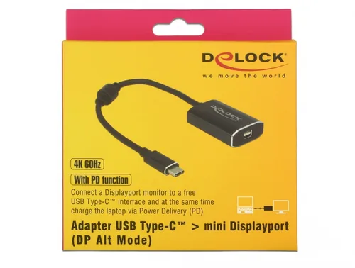 Delock Adapter 4K USB-C - Mini-DP/USB-C  mit PD - Kabeltyp: Adapter - Videoanschluss Seite A: USB Type-C - Videoanschluss Seite B: USB Type-C - Mini-DisplayPort