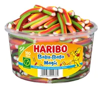 Haribo Gummibonbons Balla-Balla Magic Dose 1200 g - Produkttyp: Gummibonbons - Nährwertangabe pro: 100 g - Energiegehalt (in kj): 1638 KJ - Energiegehalt (in kcal): 387 Kcal - Fett: 4.3 g - Davon gesättigte Fettsäuren: 2.5 g