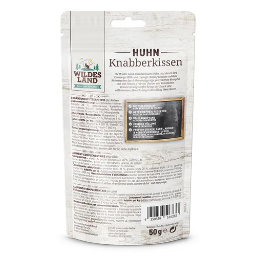Wildes Land Katzen-Snack Knabberkissen Huhn 50 g - Snackart: Leckerli - Tierbedürfnis: Kein besonderes Bedürfnis - Geschmacksrichtung: Geflügel - Zertifikate: Keine Zertifizierung - Fleischsorte: Huhn - Packungsgrösse: 50 g