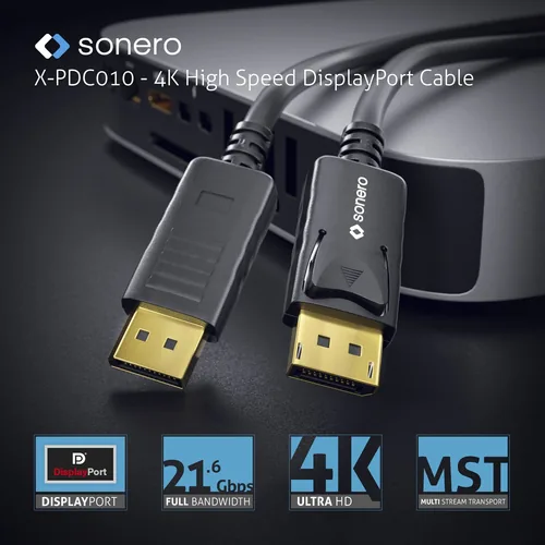sonero Kabel 4K Displayport 1.2 Stecker <-> Stecker, 4K/60Hz, 1 m - Kabeltyp: Anschlusskabel - Videoanschluss Seite A: DisplayPort - Videoanschluss Seite B: DisplayPort - Detailfarbe: Schwarz - HDMI Standard: Keine Angabe - Display Port Standard: 1.2
