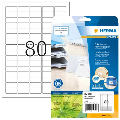 HERMA Universal-Etiketten 35.6 x 16.9 mm, 20 Blatt - Klebehaftung: Permanent - Drucker Kompatibilität: Inkjet - Laser - Anzahl Blatt: 20 × - Papierformat: A4 - Anzahl Etiketten: 1600 - Etikettentyp: Universal-Etiketten