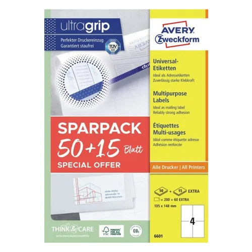 Avery Zweckform Universal-Etiketten 105 x 148 mm, 260 Etiketten / 65 Bogen - Klebehaftung: Selbstklebend - Drucker Kompatibilität: Inkjet - Laser - Anzahl Blatt: 65 × - Papierformat: A4 - Anzahl Etiketten: 260 - Etikettengrösse: 105 x 148 mm