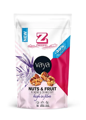 Zweifel VAYA Nuts & Fruits Almond Cranberry, 70 g - Produkttyp: Erdnüsse - Nährwertangabe pro: 100 g - Energiegehalt (in kj): 2257 KJ - Energiegehalt (in kcal): 542 Kcal - Fett: 36 g - Davon gesättigte Fettsäuren: 3.5 g