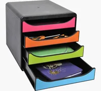 Exacompta Schubladenbox Big Box 4 Schubladen, Schwarz / Harlekin - Detailfarbe: Blau - Grün - Magenta - Orange - Schwarz - Material: Polystyrol (PS) - Anzahl Schubladen: 4