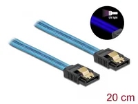 Delock SATA-Kabel UV Leuchteffekt blau 20 cm - Datenanschluss Seite A: SATA - Datenanschluss Seite B: SATA - Detailfarbe: Blau - Anzahl Ausgänge: 1 × - Winkelstecker: Nein - Kabellänge: 20 cm