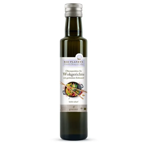 Bio Planete Woköl mit geröstetem Erdnussöl 250 ml - Produkttyp: Woköl - Nährwertangabe pro: 100 ml - Energiegehalt (in kj): 3404 KJ - Energiegehalt (in kcal): 828 Kcal - Fett: 92 g - Davon gesättigte Fettsäuren: 8.6 g