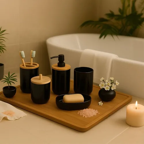 relaxdays Badezimmer-Set 7-teilig, Schwarz - Befestigung: Keine - Material: Kunststoff - Bambus - Farbe: Schwarz - Wandmontage: Nein