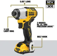 DEWALT Akku-Schlagschrauber 12 V 1/4, 2x 2 Ah Akku, Kit - Produktkategorie: Schlagschrauber - Werkzeugaufnahme: 1/4 Vierkantaufnahme - Ausstattung: Mit Akku - Ladegerät & Koffer - Set: Nein - Kapazität Wattstunden: 24 Wh - Akkusystem: DeWalt XR 12 V
