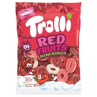 Trolli Gummibonbons Miniringe Red Fruits 200 g - Produkttyp: Gummibonbons - Nährwertangabe pro: 100 g - Energiegehalt (in kj): 1427 KJ - Energiegehalt (in kcal): 336 Kcal - Fett: 0 g - Gesättigte Fettsäuren: 0 g
